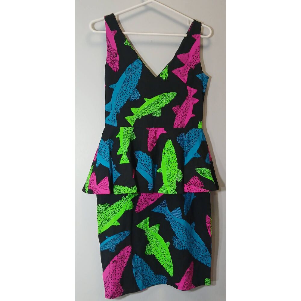 90's vintage betsy Johnson trout fish dress neon green pink stretch - Picture 6 of 10